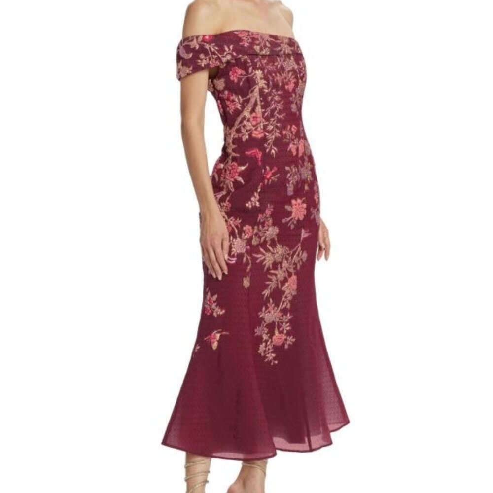 Marchesa One-Shoulder Burgundy Floral Embroidered Midi Gown